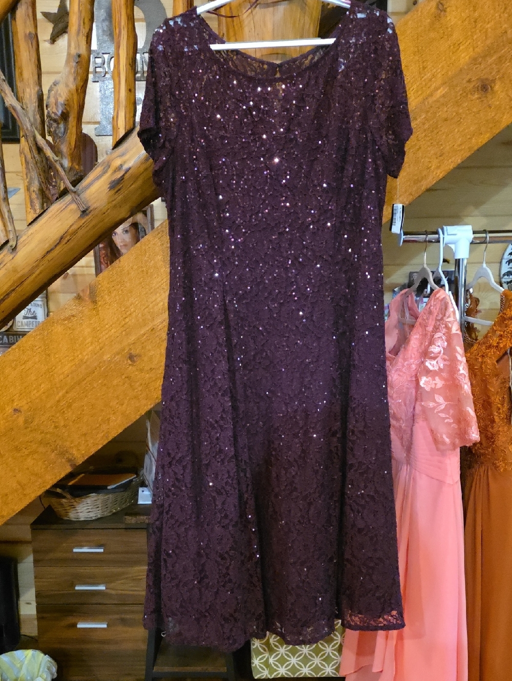 SLNY Plum Sequin Lace Midi Dress